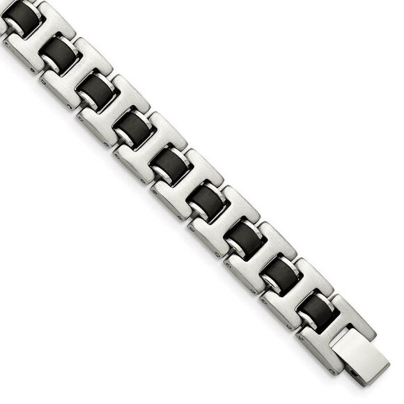 11mm Brushed Stainless Steel & Black Rubber Link Bracelet 8.5 Inch